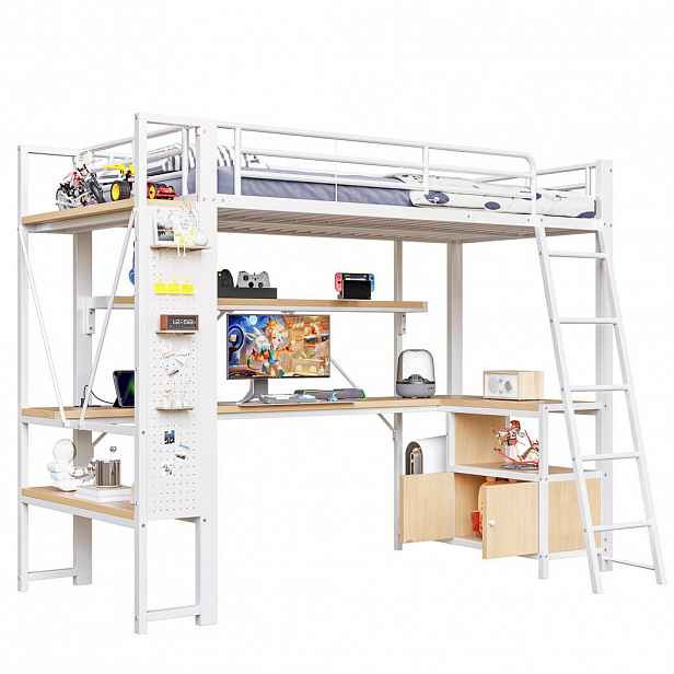 STILVORA HOCHBETT 90/200 cm in Weiß mit Schreibtisch, Regal, Lochwand, LED und USB Metall modern