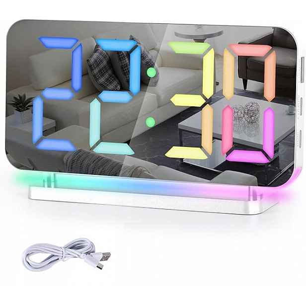 Digitální Budík S Rgb Led Podsvícením, Zrcadlové Hodiny, Bílá Barva