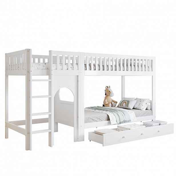 OKWISH PATROVÁ postel 90/200 cm bílá a přírodní z masivního dřeva a MDF s rovnými schody a zábranami