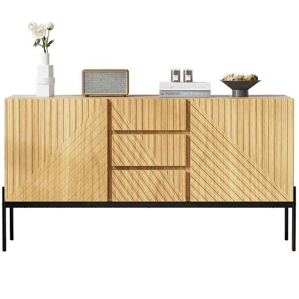 Redom SIDEBOARD 140/40/75 cm s 2 dvířky, 3 zásuvkami a nastavitelnými policemi, kovové nohy, Přírodní