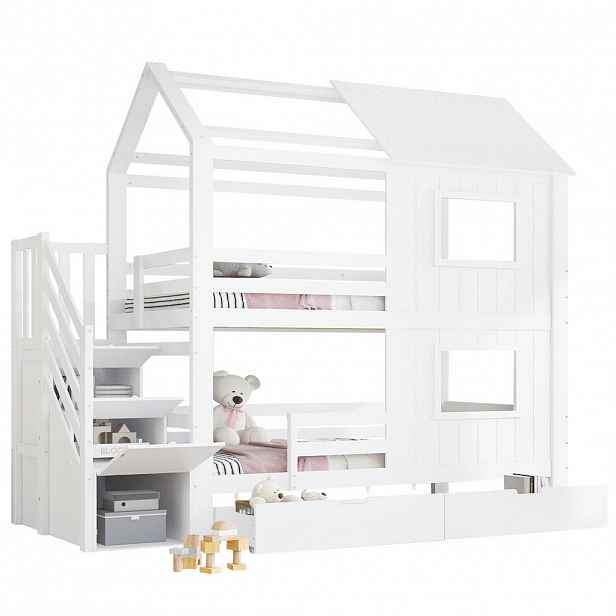 STILVORA ETAGENBETT 90/200 cm in Weiß Kinderbett mit Treppenschrank, Schublade und Dach