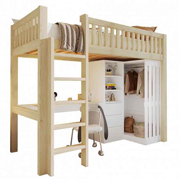 STILVORA HOCHBETT 90/200 cm in Natur mit Schreibtisch, Kleiderschrank, 3 Schubladen und Treppe