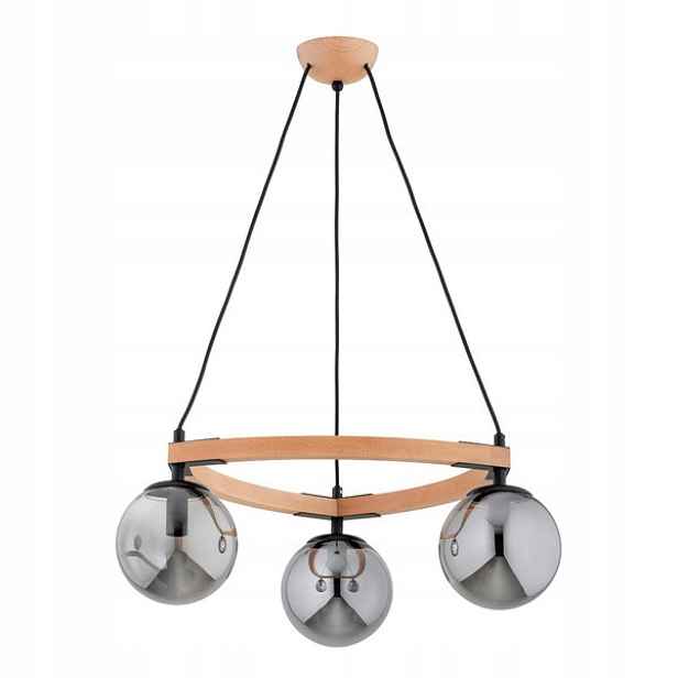Závěsná dřevěná lampa trojitá, kouřové skleněné koule do obývacího pokoje Alfa