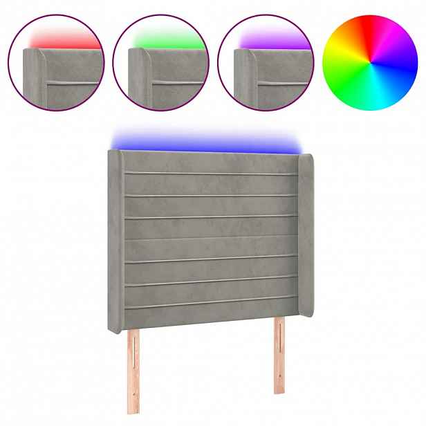 vidaXL Čelo postele s LED světle šedé 83 x 16 x 118/128 cm samet