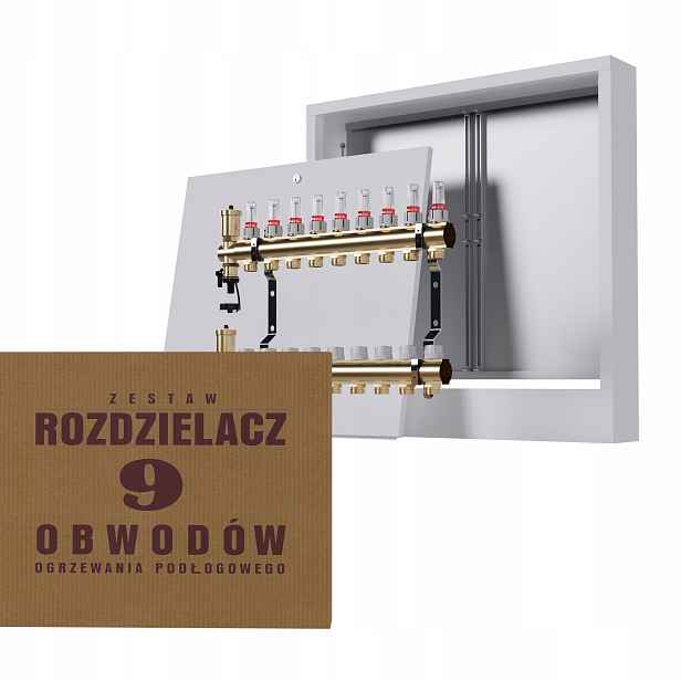 Rozdělovač na podlahy mosazný 9-okruhový a nástěnný box bílý