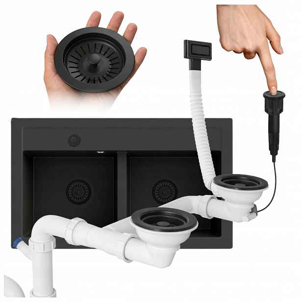Sifon pro dřez automatický černý dvoudřezový Push