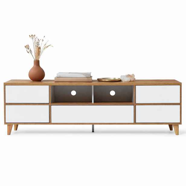STILVORA TV STOLEK bílý ve venkovském stylu s přihrádkami a dvířky, do obývacího pokoje, 175×37×51 cm