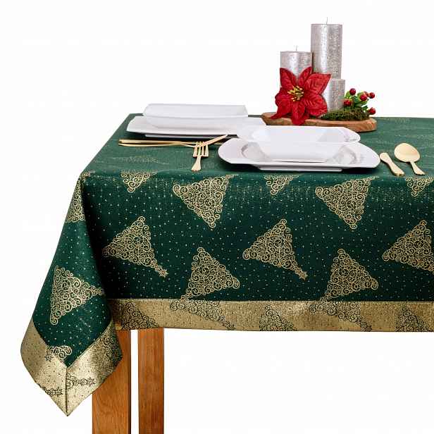Elegantní zeleno-zlatý vánoční ubrus Ornamentové vánoční stromky 140 x 190 cm