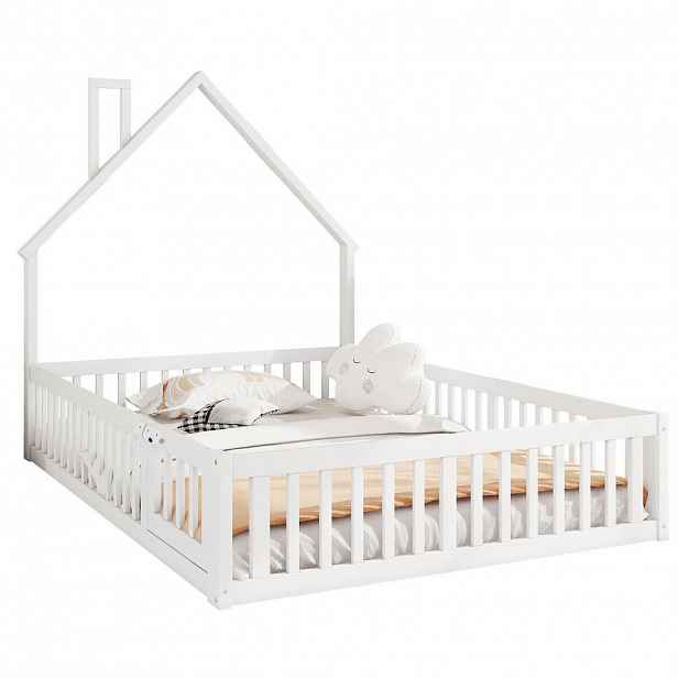 OKWISH DĚTSKÁ postel 140/190 cm bílá z borovice a MDF se zábradlím a komínovým motivem