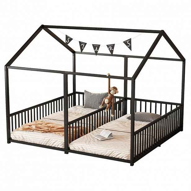 OKWISH PATROVÁ postel 90/200 cm černá z kovu ve tvaru domku se zábranou