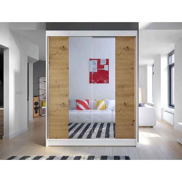 Šatní skříň se zrcadlem 150 cm PIRITU 2 - dub artisan / bílá