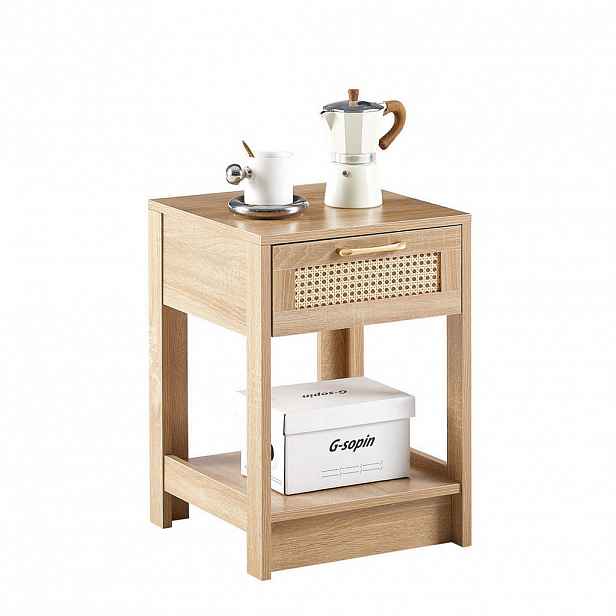 OKWISH NOČNÍ stolek 55/40/40 cm přírodní z MDF s ratanovým vzhledem a zásuvkou