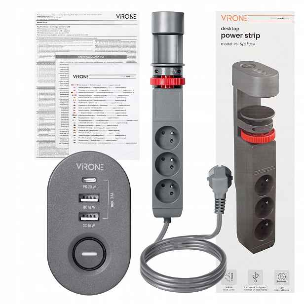 Prodlužovací Kabel Zásuvková Lišta s držákem 1,5 metru 3 zásuvky +2xUSB+USB C