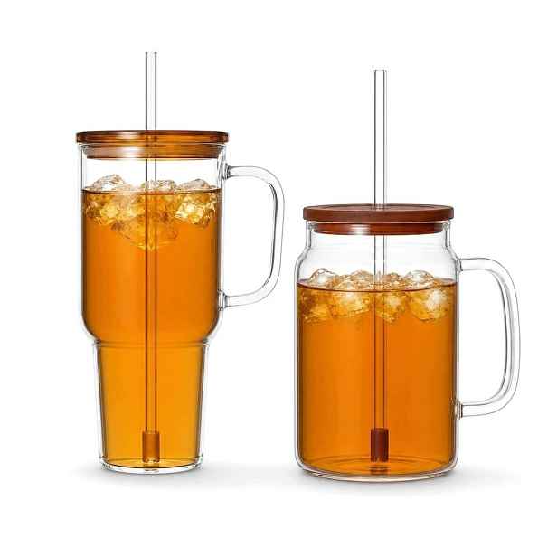 Velký hrnek s brčkem Skleněný 1,5 l a 1,1 l 2 ks s víčkem Jantarové