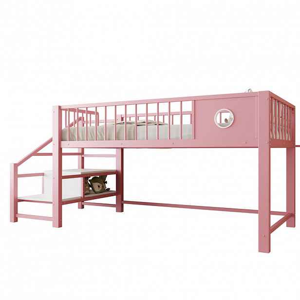 OKWISH NÍZKA patrová postel 90/200 cm růžová z kovu s úložným schodištěm