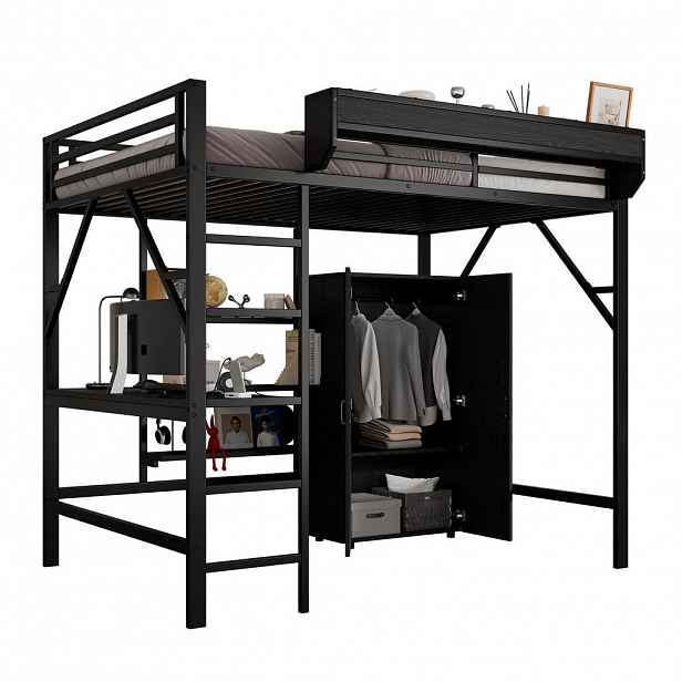 STILVORA HOCHBETT 140/200 cm in Schwarz mit Schreibtisch, Kleiderschrank und Ablage aus Metall & MDF