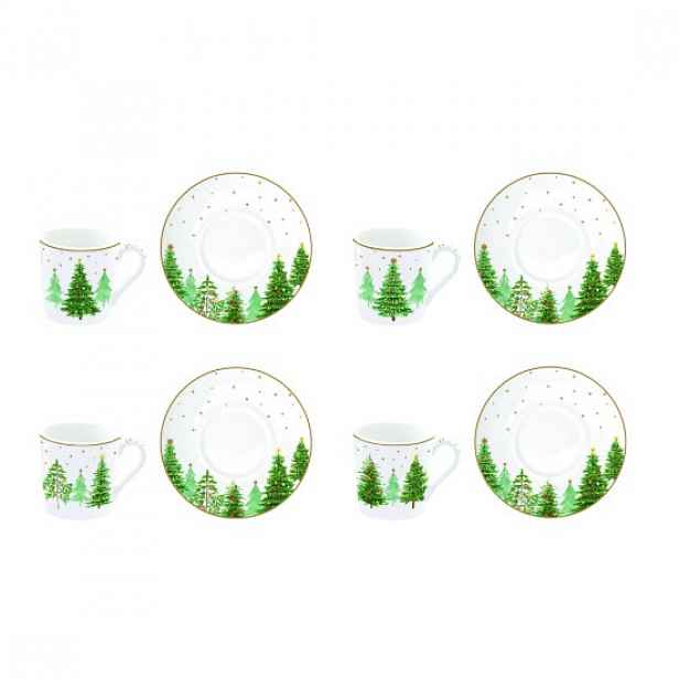 Sada 4 šálků s podšálky, porcelán, 100 ml, "Festive TREES" - Easy Life
