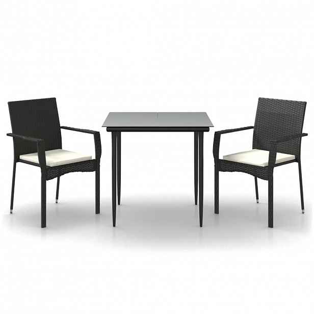 vidaXL 3dílný zahradní jídelní set s poduškami černý polyratan