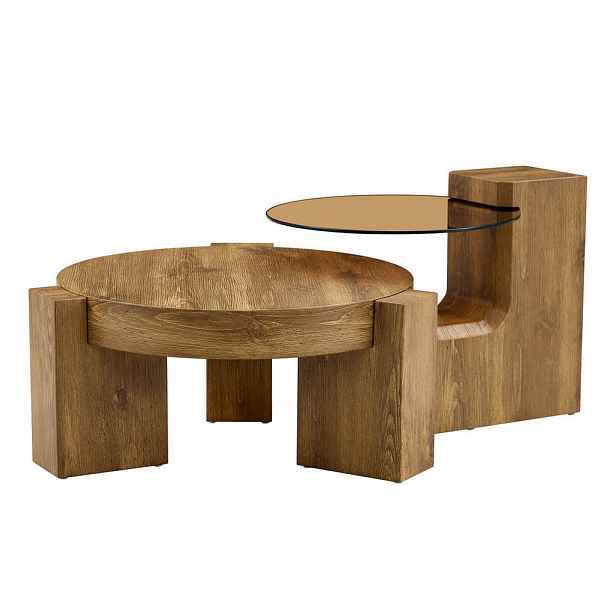 Modfu KONFERENČNÍ stolek z MDF a skla 61x61x30 cm v dekoru dřeva hnědý, 2v1 se dvěma úrovněmi a oddělitelným odkládacím stolkem