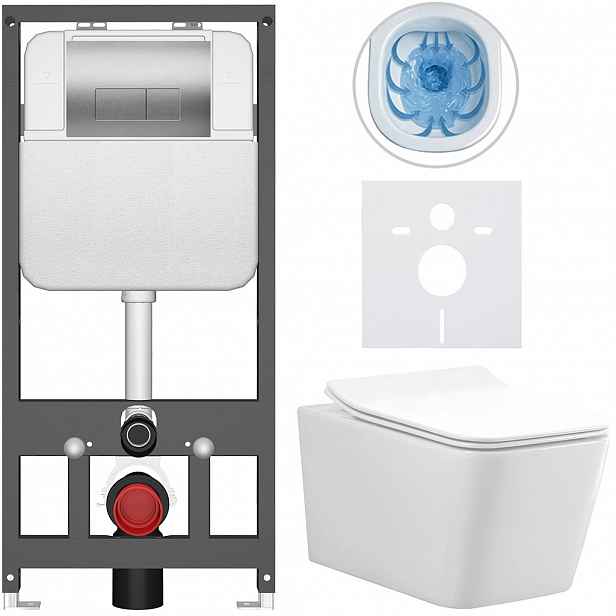 Kompletní WC set Basic/Forte - bílá lesklá - WC tlačítko Modulo/Stříbrná - závěsné - předstěnová instalace - 51x36 cm