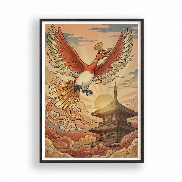 Obraz Pokémon Ho-Oh Japonsko Plakát Rámeček Dřevěný Černý 30x42 cm