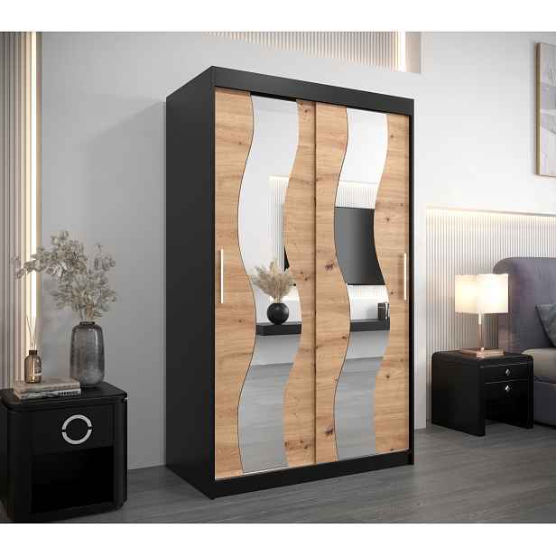 Šatní skříň Rory se zrcadlem 120 cm, černá/dub artisan HELCEL