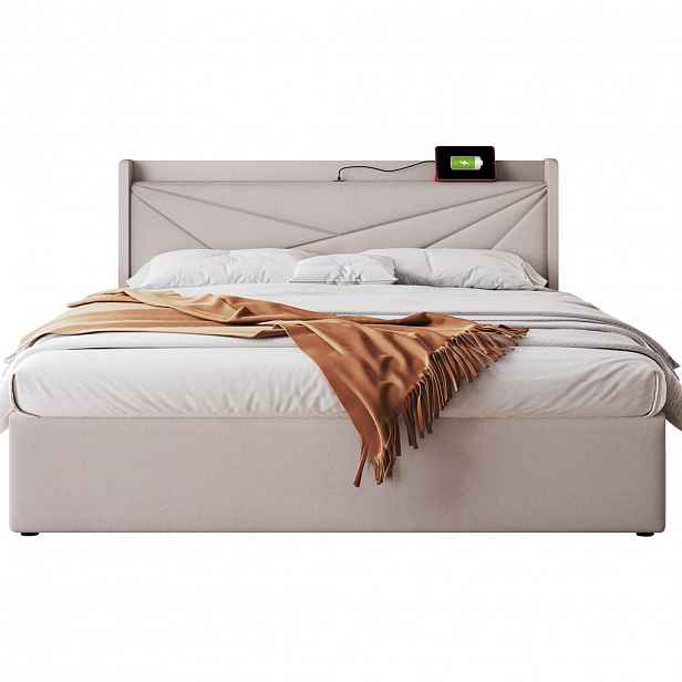 WISHDOR ČALOUNĚNÁ POSTEL 160/200 cm v béžové lněné látce s úložným prostorem, USB a Type-C