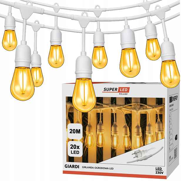 Zahradní girlanda Bílá Vnější řetěz 20 m 20x Led žárovka E27 Svatba