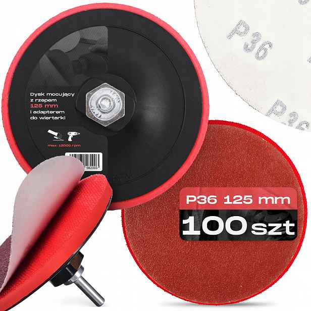 100 x Brusný Papír Rzepový kotouč 125 mm P36 Držák Leštícího Disku Pad M14 7D