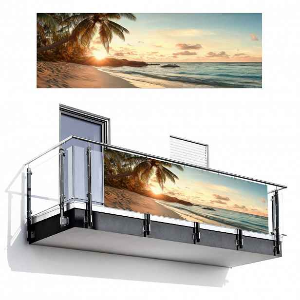 MuchoWow BALKONOVÁ ZÁSTĚNA Pláž - palmy - oceán - západ slunce 300x100 cm