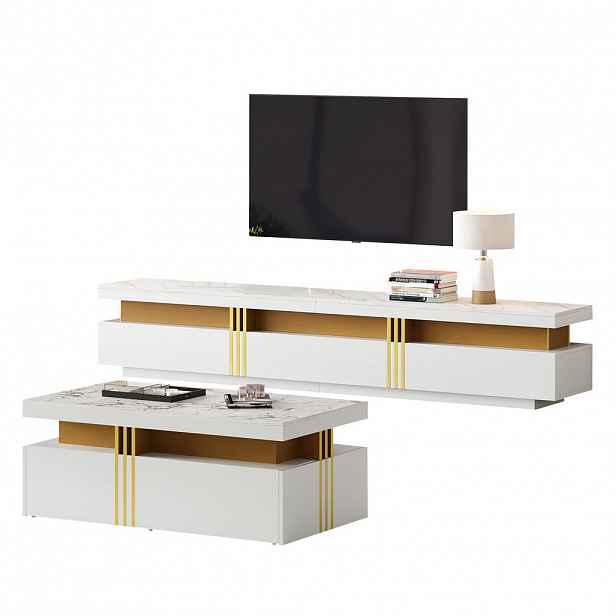 STILVORA OBÝVACÍ SET v bílé barvě s mramorovým dekorem a zásuvkami do obýváku, 200×40×42 cm