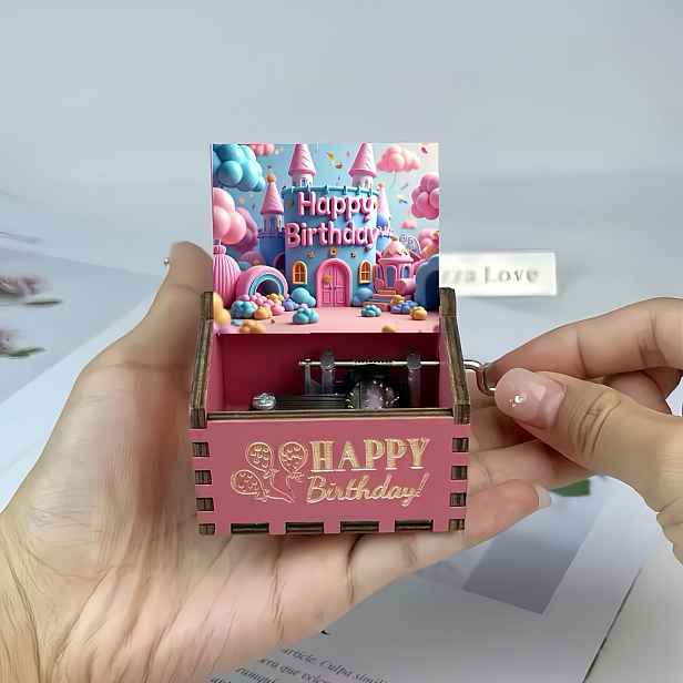 TEMU Roztomilá ručně kroužkovací vintage laserem gravírovaná dřevěná hudební skříňka - růžová narozeninová téma, s textem "Happy Birthday", mini dort