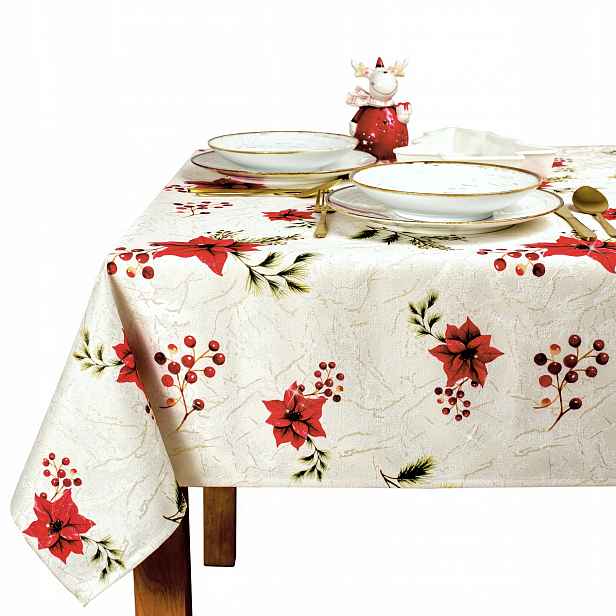 Vánoční ubrus odolný proti skvrnám s motivem červených poinsetií – 130 x 200 cm