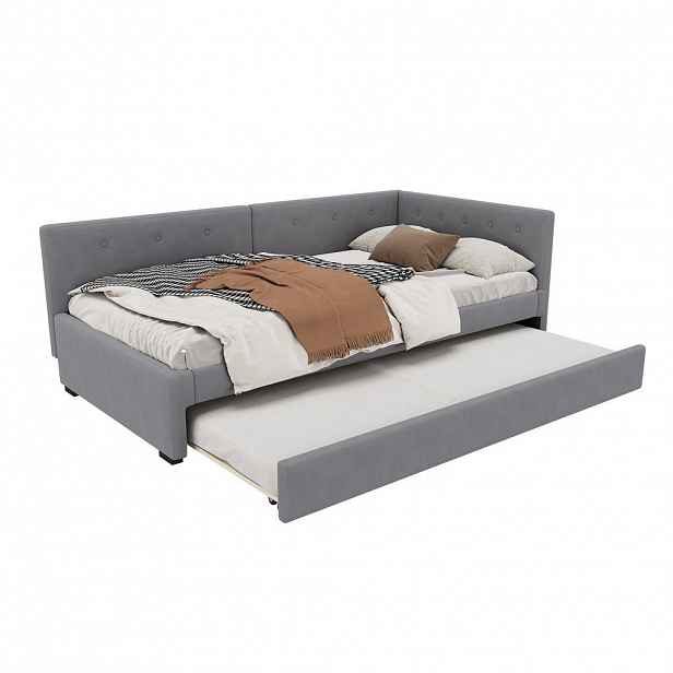 OKWISH DENNÍ postel 90/200 cm šedá ze sametu a MDF s výsuvným lůžkem