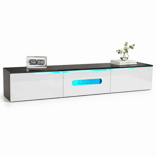 STILVORA TV STOLEK černobílý ve vysokém lesku s LED osvětlením, do obývacího pokoje, 180×35×30 cm