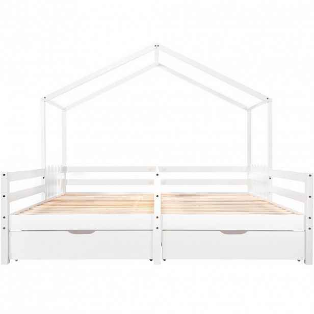 OKWISH DĚTSKÁ postel domeček 2x90/200 cm bílá z masivu se zábranou a 2 zásuvkami