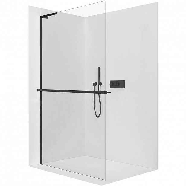 Sprchová zástěna Walk-in Onyx L-levá vzpěra + polička/držák na ručníky - 8 mm - černá matná, transparentní sklo - 40x200 cm