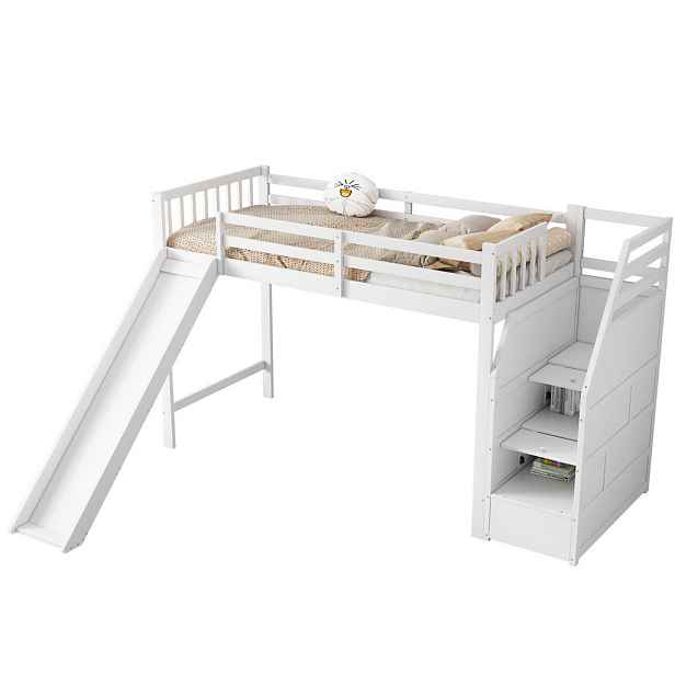Modenvie VYSOKÁ postel z masivní borovice a MDF, 90/200 cm bílá, se skluzavkou
