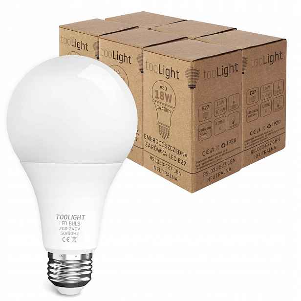 Sada 6x Led žárovka E27 18W Neutrální barva 4000K Silná Premium Toolight