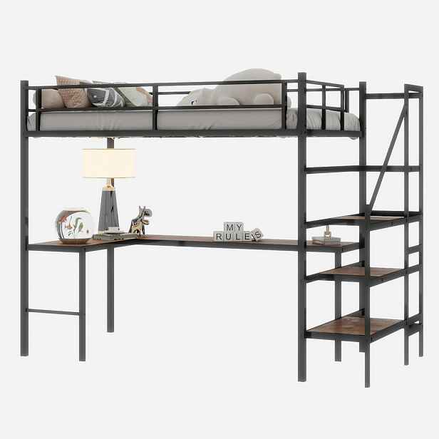STILVORA HOCHBETT in Schwarz mit Treppe, Schreibtisch, Ablagen und Stauraum Metall Design
