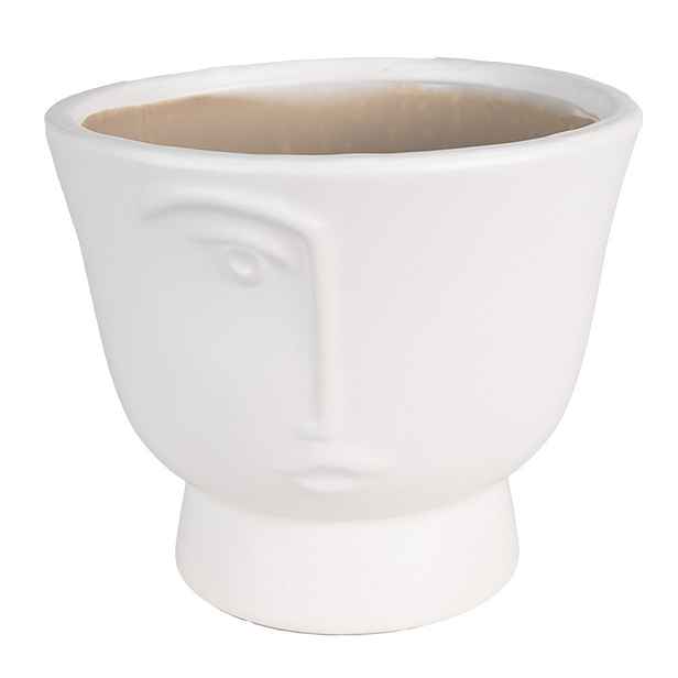 Bílý keramický obal na květináč s polovinou obličeje Facia M - Ø 14*12 cm Clayre & Eef