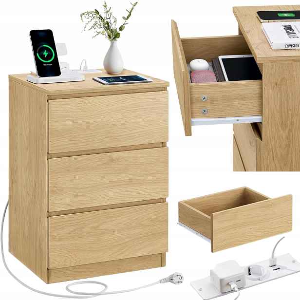 Noční Stolek s zásuvkou 2x Usb Noční stolek 3 zásuvky Moderní světlá