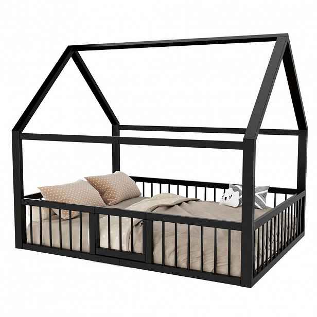 OKWISH POSTEL domeček 140/200 cm černá z kovu se zábradlím a dvířky