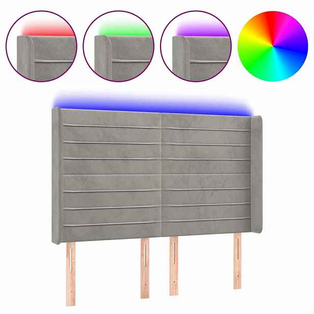 vidaXL Čelo postele s LED světle šedé 147x16x118/128 cm samet