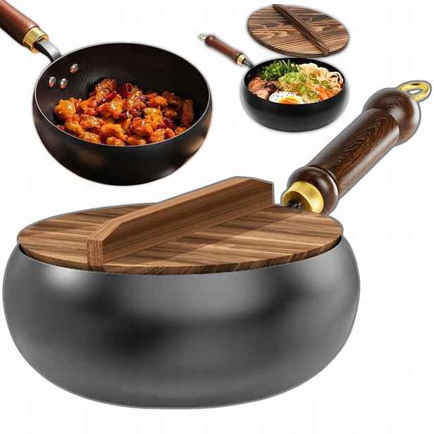 Japonská Litinová Pánev Dřevěná Víko Rukojeť 24 cm Indukce Pevná