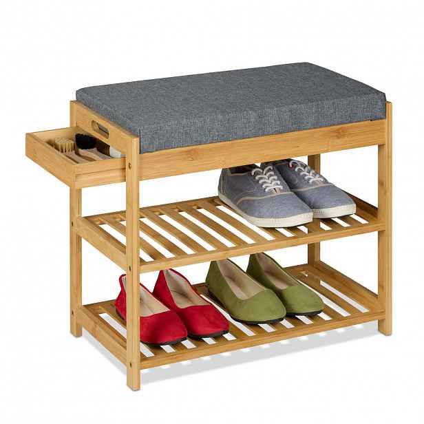 Relaxdays LAVICE Přírodní šedá na boty bambus se zásuvkou 55x30x49 cm