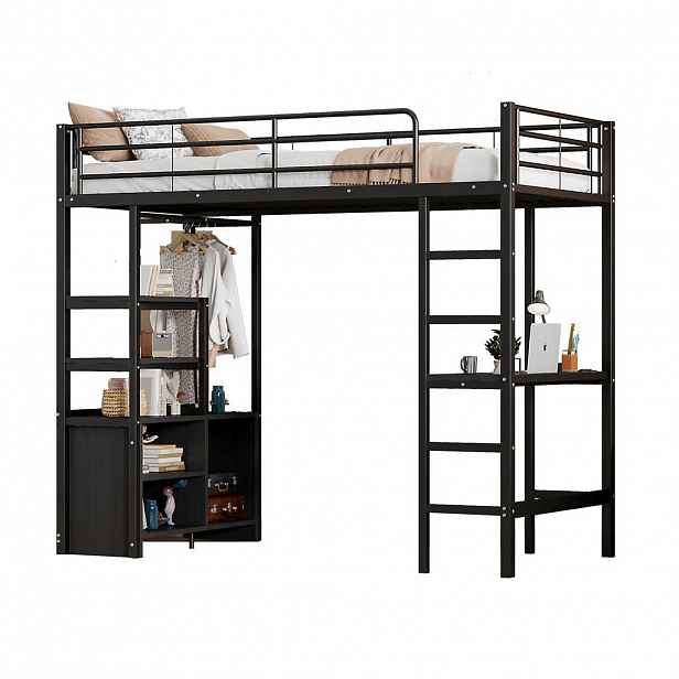 STILVORA HOCHBETT 90/200 cm in Schwarz mit Schreibtisch, Regal, Steckdose und USB