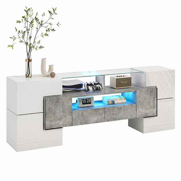 STILVORA TV STOLEK bílý ve vysokém lesku s LED a skleněným povrchem, do obývacího pokoje, 145×30×51 cm