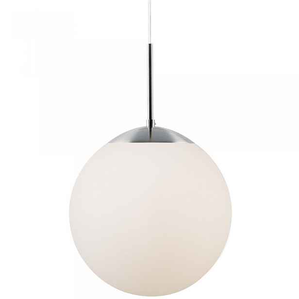 Bílá závěsná lampa Cafe je elegantní formou jemného světla v obývacím pokoji Nordlux