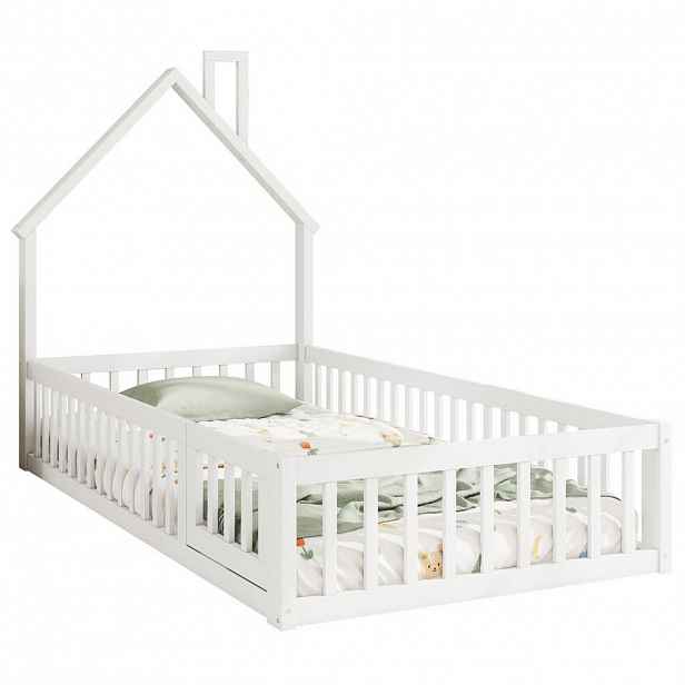 OKWISH DĚTSKÁ postel 90/200 cm bílá z borovice a MDF s komínem a zábradlím